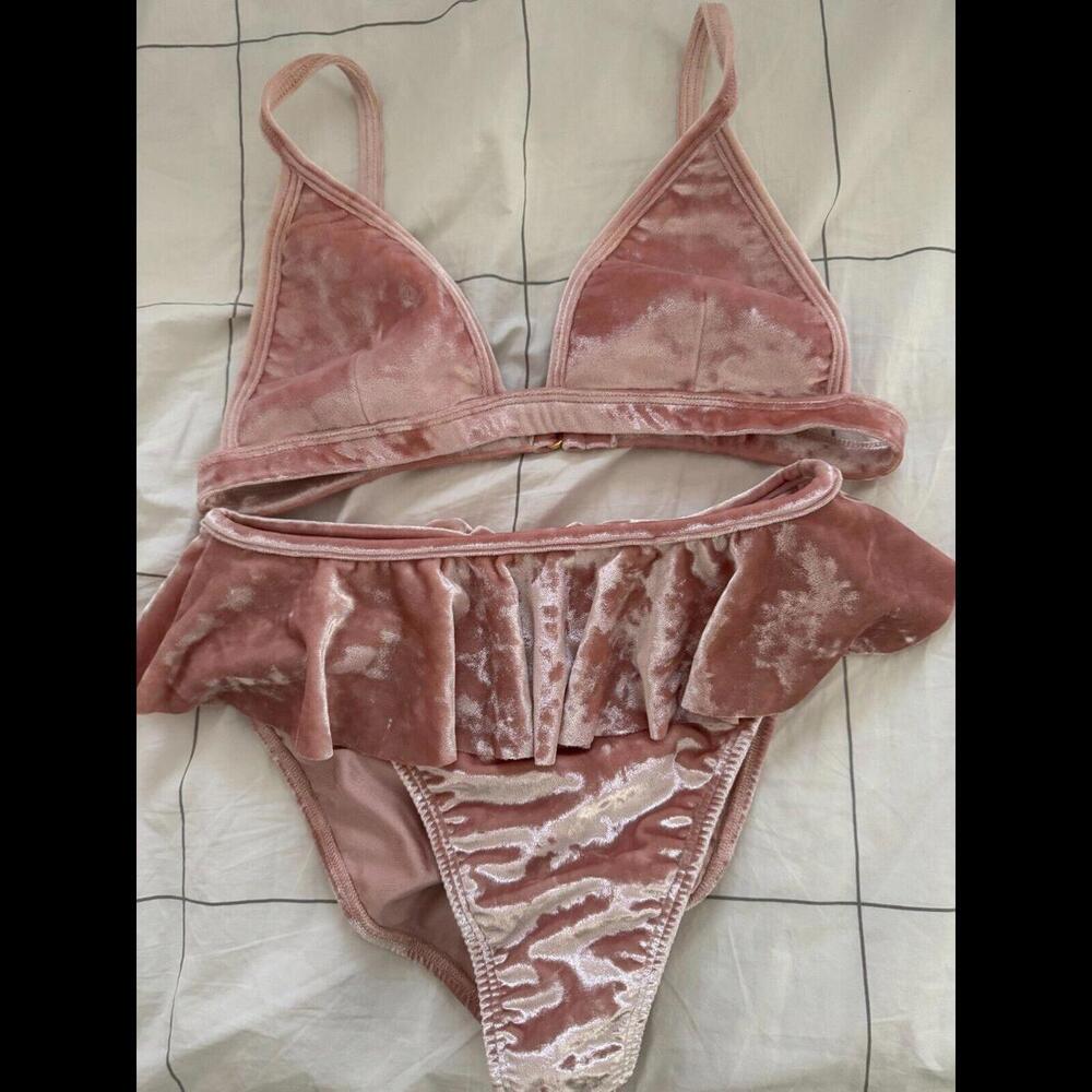 Montce Swim Pink Velvet top Tamarindo Ruffle Bikini Bottom in Pink Crushed S / M